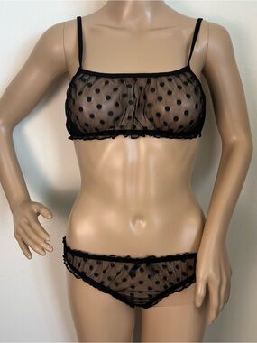 Sheer Polka Dot Mesh Bralette & Bikini Set - Black
